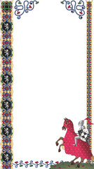 Decorative medieval border is framing transparent backdrop with mounted knight and heraldic shields