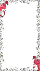 Fototapeta premium Vector illustration is showing paired red dragons framing vine border on transparent, copy space