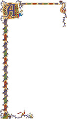 Illuminated border is showing gold trim, vines, initial, dragon and birds on transparent background