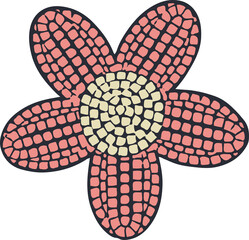 Naklejka premium Stylized mosaic flower is featuring coral pink petals and yellow center on transparent background
