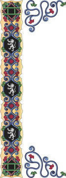 Showing flat medieval border merging gold band, lion shields, vines, motifs on transparent layer