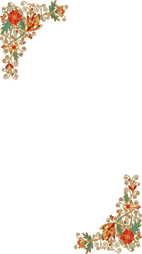 Fototapeta Flat corner ornament is featuring stylized red flowers  and  gold filigree on transparent layer