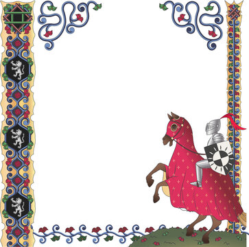 Fototapeta illuminated border is featuring knight on horse with shields on transparent background, copy space