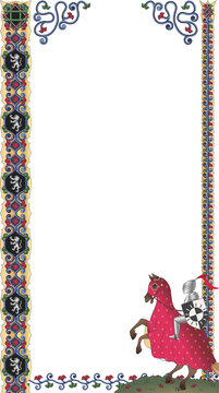 Decorative medieval border is framing transparent backdrop with mounted knight and heraldic shields