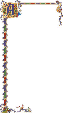 Illuminated border is showing gold trim, vines, initial, dragon and birds on transparent background