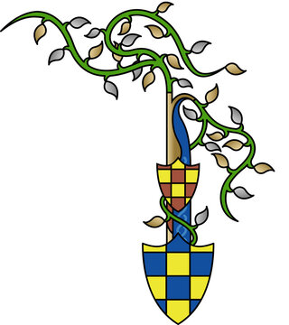 Fototapeta Flat shovel featuring handle accenting blue, checkered shields, vine wrapping blade on transparent