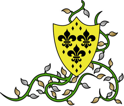 Fototapeta Flat design yellow shield showing heraldic symbols, twisting vine, leaves on transparent backdrop