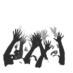A grayscale image of many hands raised