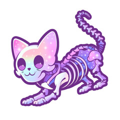 Flat-style cat skeleton is stretching on transparent background with pastel galaxy and sparkles