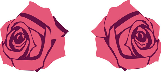 Displaying pair of pink roses overlapping geometric petals in flat vector on transparent background