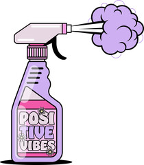 Flat cartoon spray bottle is releasing pastel purple mist with daisies, transparent background