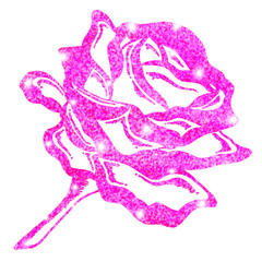 Stylized pink glitter rose is floating flat design with white starbursts, transparent background