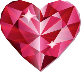 Obraz premium Stylized faceted heart gemstone is floating on transparent background with white star highlights
