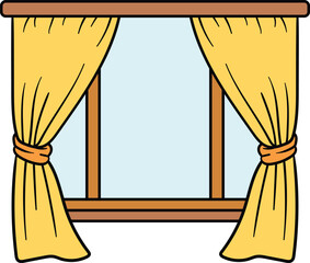 Window with yellow curtains open wide illustration