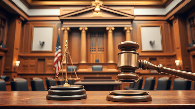Courtroom symbolizes law and authority through a judgment gavel