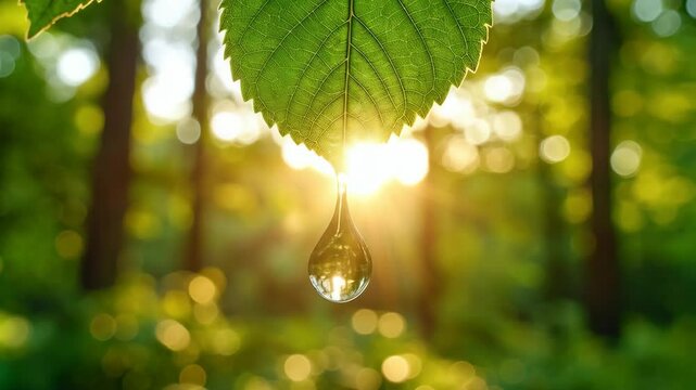 Close-up of single green leaf with water droplet, sunlight streaming through forest, representing nature, environment, and freshness.