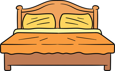 Wooden bed with pillows and blanket illustration