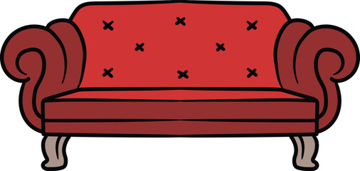Red cushioned sofa with armrests illustration