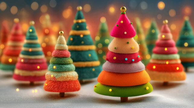 Colorful felt Christmas tree grove in snowy pasture, bokeh lights in background