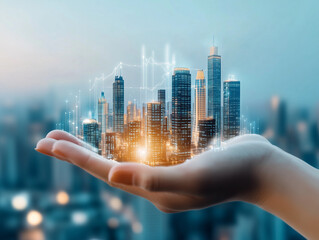 Holding futuristic city skyline in hand with glowing data connection lines