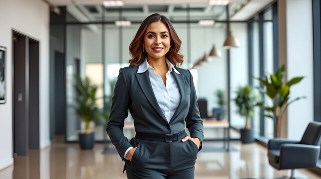 Attractive hispanic businesswoman CEO confident and staning front of modern office