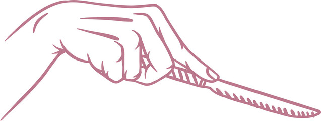 Minimalistic pink line sketch is showing hand gripping serrated knife, transparent background