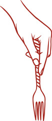 Red line drawing is showing hand gripping fork diagonally on transparent background, copy space