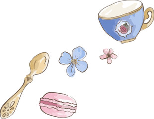 Blue rose teacup gold spoon macaron flowers are floating in flat design on transparent background