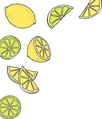 Cartoon style lemon and lime slices are scattering on transparent backdrop, copy space