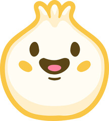 Smiling cartoon bao bun is floating on transparent background with golden border and rosy cheeks