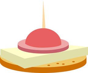 Flat design canapé is sitting on transparent background, showing bread cheese salami and toothpick