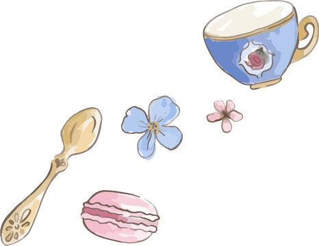 Fototapeta Blue rose teacup gold spoon macaron flowers are floating in flat design on transparent background