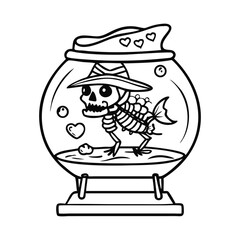 Spooky Skeleton Fish in Heart-Shaped Bowl with Pirate Hat Fun Halloween Coloring Page Design.
