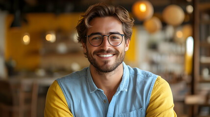 Fototapeta premium Smiling Man in Glasses, Realistic Portrait Photo