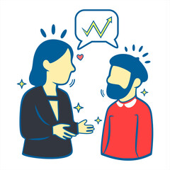 Professional Discussion and Supportive Networking, Ilustrasi seorang wanita dan seorang pria yang terlibat dalam percakapan bermakna tentang pertumbuhan, ditunjukkan dengan ikon grafik menaik.