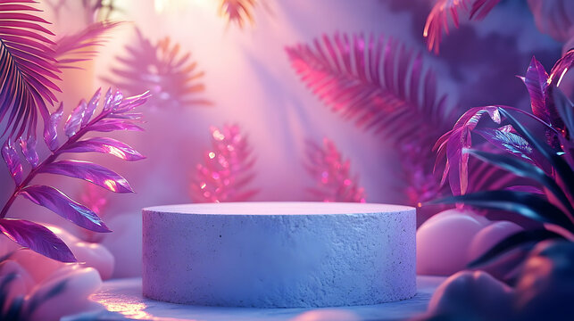 A cylindrical, light purple display podium surrounded by vibrant, neon-hued tropical foliage. - Powered by Adobe