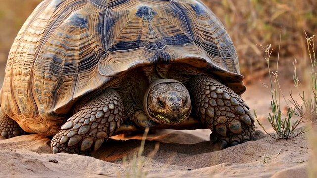 African spurred tortoise walking on sand with textured shell and wrinkled legs in natural light habitat, close-up front view.