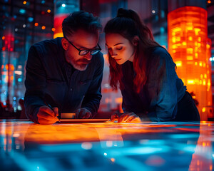 Vibrant Neon Illustration Two Colleagues Collaborate on Interactive Digital Display