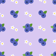 Blueberry and white daisies pattern on pastel purple background for summer fruit seamless design.