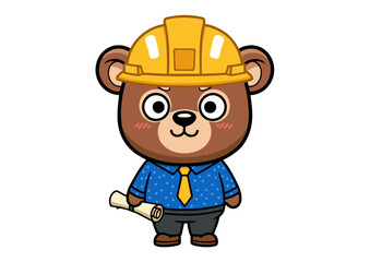 Obraz premium Adorable Cartoon Bear Architect Construction, Blueprint, Engineering, Cute Character Illustration