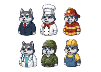Obraz premium Adorable Husky Dog in Various Professions Cartoon Illustrations of a Businessman, Chef, Firefighter, Doctor, Soldier, and Construction Worker