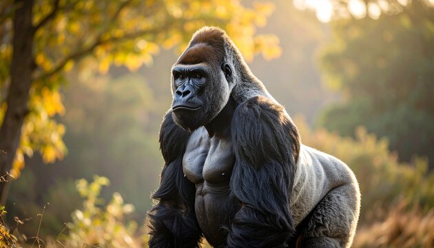 A silverback gorilla standing and looking alert and menacing against a natural background.
