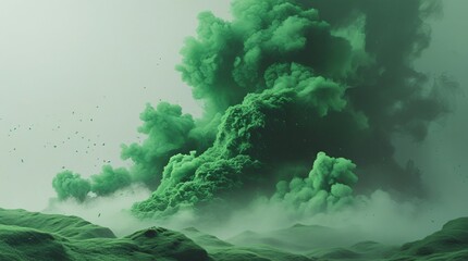 Chaotic green mist explosion texture. Abstract atmospheric smoke effect for surreal and futuristic design projects.
