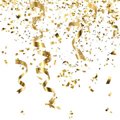 Golden confetti and ribbons falling on black background