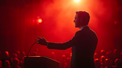 Powerful Silhouette of Speaker at Red-Lit Event,  Illustration