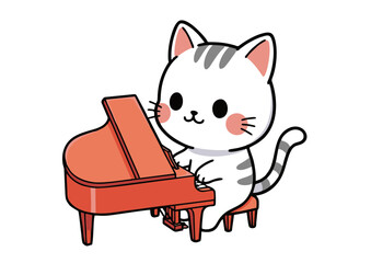 Adorable Kitten Playing Piano Kawaii Cartoon Illustration