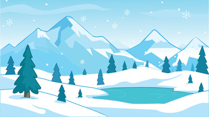 Winter Mountain Landscape with Snowy Trees and Frozen Lake - Vector Illustration