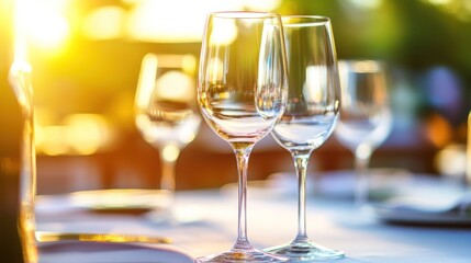 Empty wine glasses on a table outdoors