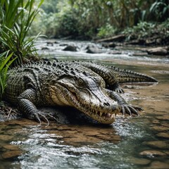 A crocodile resting near a jungle stream, white background