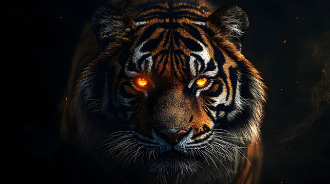 Fierce tiger with glowing eyes against a dark background.